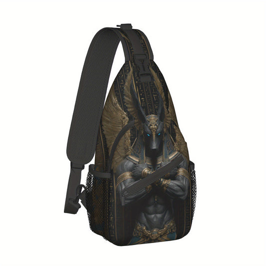 Men's Egyptian God Anubis Sling Bag - Egyptian-Themed Chest Pack with Anubis Print & Horus-Eye Golden Accent, Zipper Closure, Hands-Free Crossbody Bag for Cycling, Travel, Casual Use - Ancient Egyptian Design Gift for Adventu