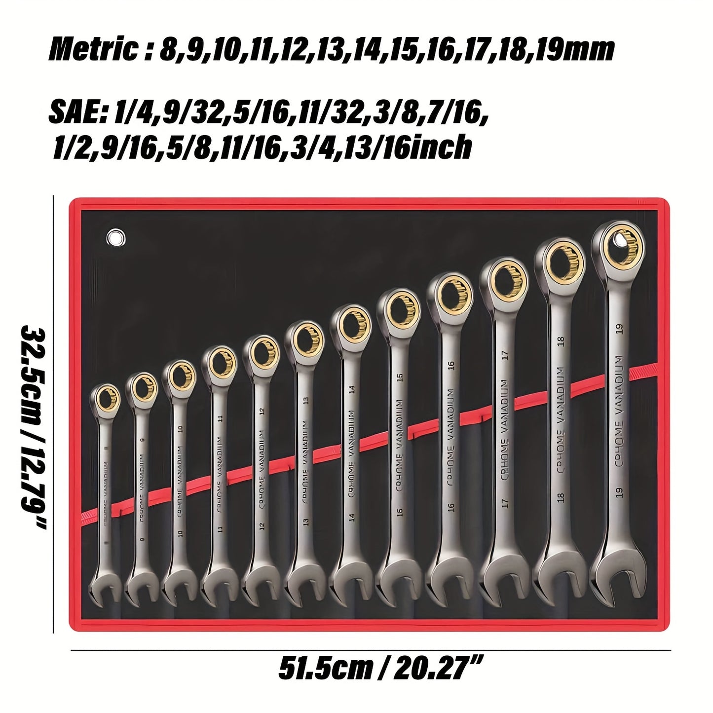 12pcs Nickel Plating Fixed Head Ratchet Wrench Set, Combination Wrench Set Metric 8-19mm&SAE 1/4-13/16Inch, With Rolling Pouch, 72-Tooth Industrial Chrome Vanadium Steel, For Motorcycle And Bicycle Maintenance, Gift For Dad&H