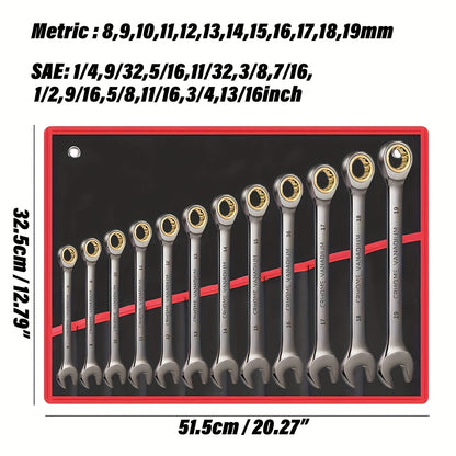 12pcs Nickel Plating Fixed Head Ratchet Wrench Set, Combination Wrench Set Metric 8-19mm&SAE 1/4-13/16Inch, With Rolling Pouch, 72-Tooth Industrial Chrome Vanadium Steel, For Motorcycle And Bicycle Maintenance, Gift For Dad&H