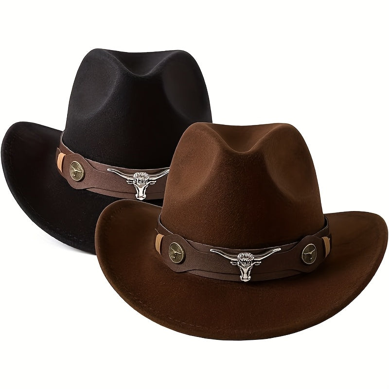 Stylish Lightweight Western Cowboy Hat - Classic Wide Brim Felt with Brown Leather Band & Metallic Buckle, Breathable & Machine Washable for Weddings & Casual Wear, Cowboy Hat
