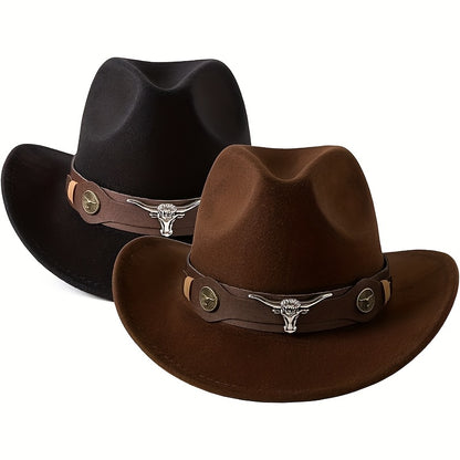 Stylish Lightweight Western Cowboy Hat - Classic Wide Brim Felt with Brown Leather Band & Metallic Buckle, Breathable & Machine Washable for Weddings & Casual Wear, Cowboy Hat