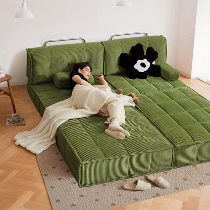 Convertible Sleeper Sofa Bed with Stainless Steels Fixed Frame, Corduroy Folding Futon Couch Bed with Square Pillows, Modular Floor Sofa Lounge Couches Living Room Bedroom-Green