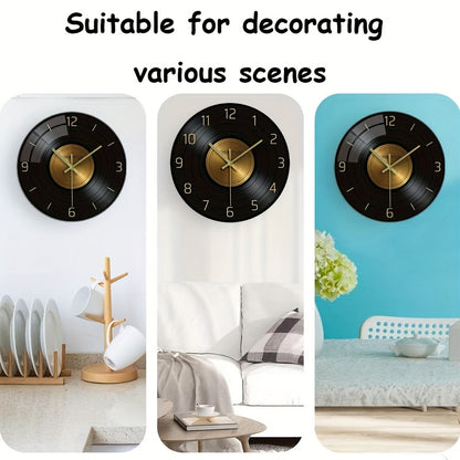 12-inch Glass Silent Wall Clock, Inspired by Vinyl Records - Black and Golden, Suitable for Living Room, Bedroom, and Office Decor | Elegant Timer, Battery Not Included, Office Wall Clock | Decorative Hanging Clock | Silent M