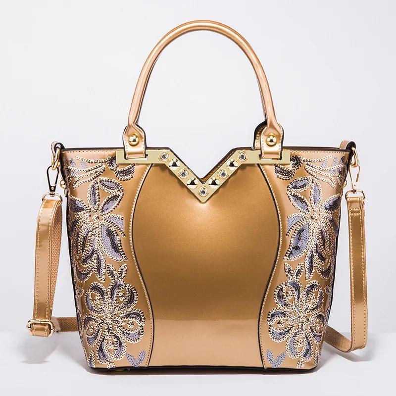 Designer Floral Embroidery Patent Leather Handbag for Women, Large Capacity Shoulder Tote with Zipper Closure, Polyester Lined, Paint Detail, Party Bag
