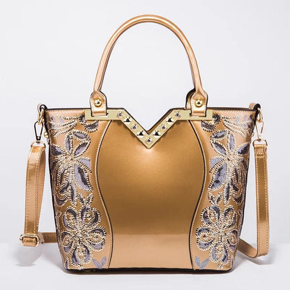 Designer Floral Embroidery Patent Leather Handbag for Women, Large Capacity Shoulder Tote with Zipper Closure, Polyester Lined, Paint Detail, Party Bag