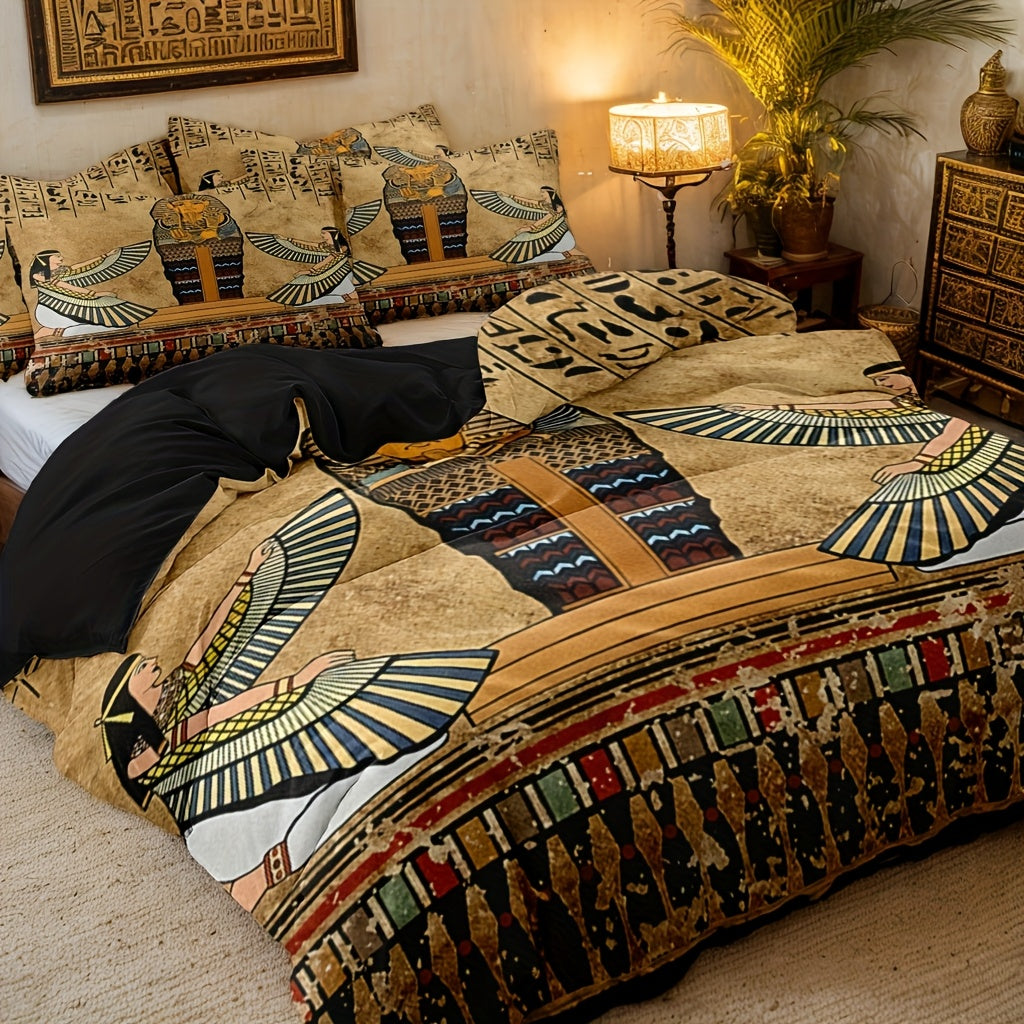 Timeless Design, Egyptian Pharaoh 3pcs Ancient Egyptian Art Quilt Cover Set (1 Quilt Cover + 2 Pillowcases, Pillow Core Not Included), Soft And Breathable HD Printed Bedding Set, Soft And Breathable Duvet Cover And Pillowcase