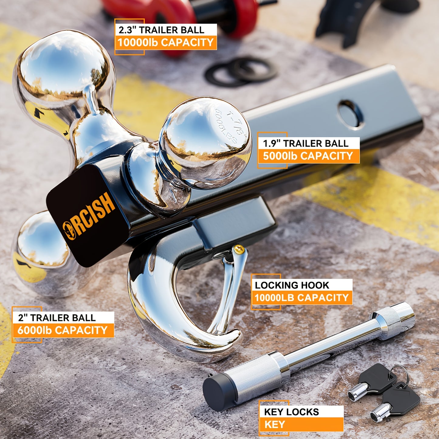 Trailer Hitch Tri-Ball Mount With Hook Contain Secure Self-Lock Latch, Hitch Ball Size 1-7/8", 2" And 2-5/16", Fit 2 Inch Hitch Receiver, Tow Hitch With Double Anti-Theft Pins Locks