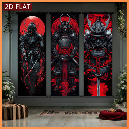 Black and Red 3pcs Set of Japanese Samurai Battle Scroll/Hanging Scrolls, Oriental Classical Style Decorative Art with Armor & Weapon Elements, Symmetrical Composition and Metal Ornament Details, Suitable for Living Room, Tea