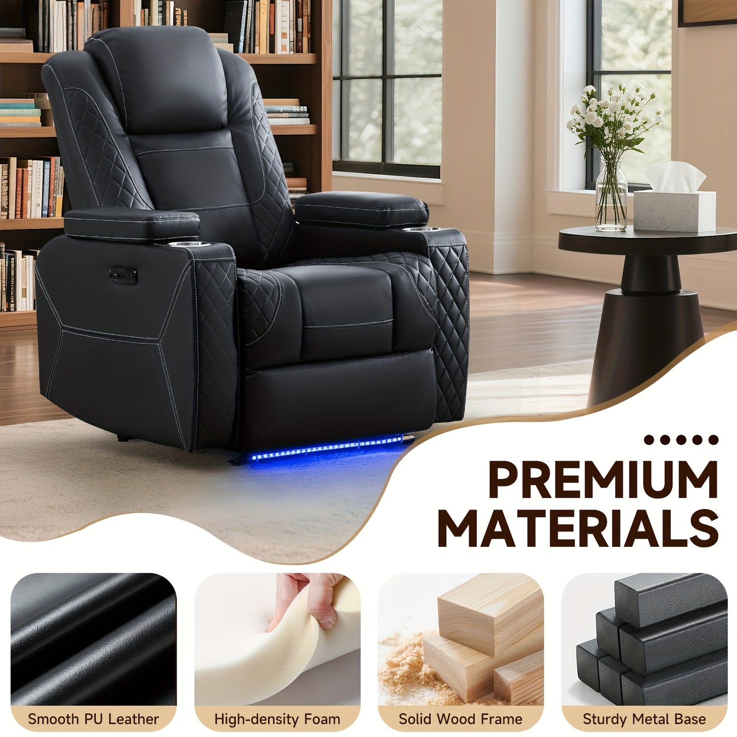 Power Recliner Sofa with Adjustable Headrest & LED Ambient Light & Hidden Storage & USB Ports for Living Room Home Theater