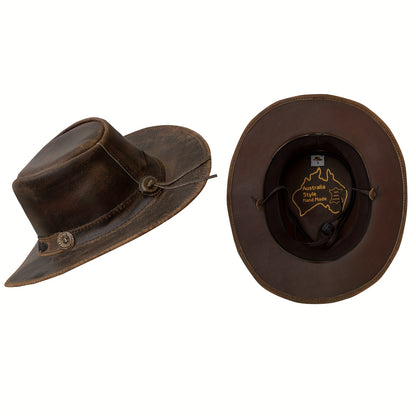 Brown Leather Cowboy Hat For Men Women Western Australian Outback Hat With Shapeable Wide Brim, Aussie Style Genuine Leather Hat