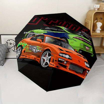 Automatic Folding Umbrella with Racing Car Design - 8-Rib Windproof Portable Travel Umbrella, Durable Plastic & Iron, Black with Colorful Car Graphics, Ideal for Holiday Gifts, Travel Umbrella, Stylish Accessory, Sturdy Const