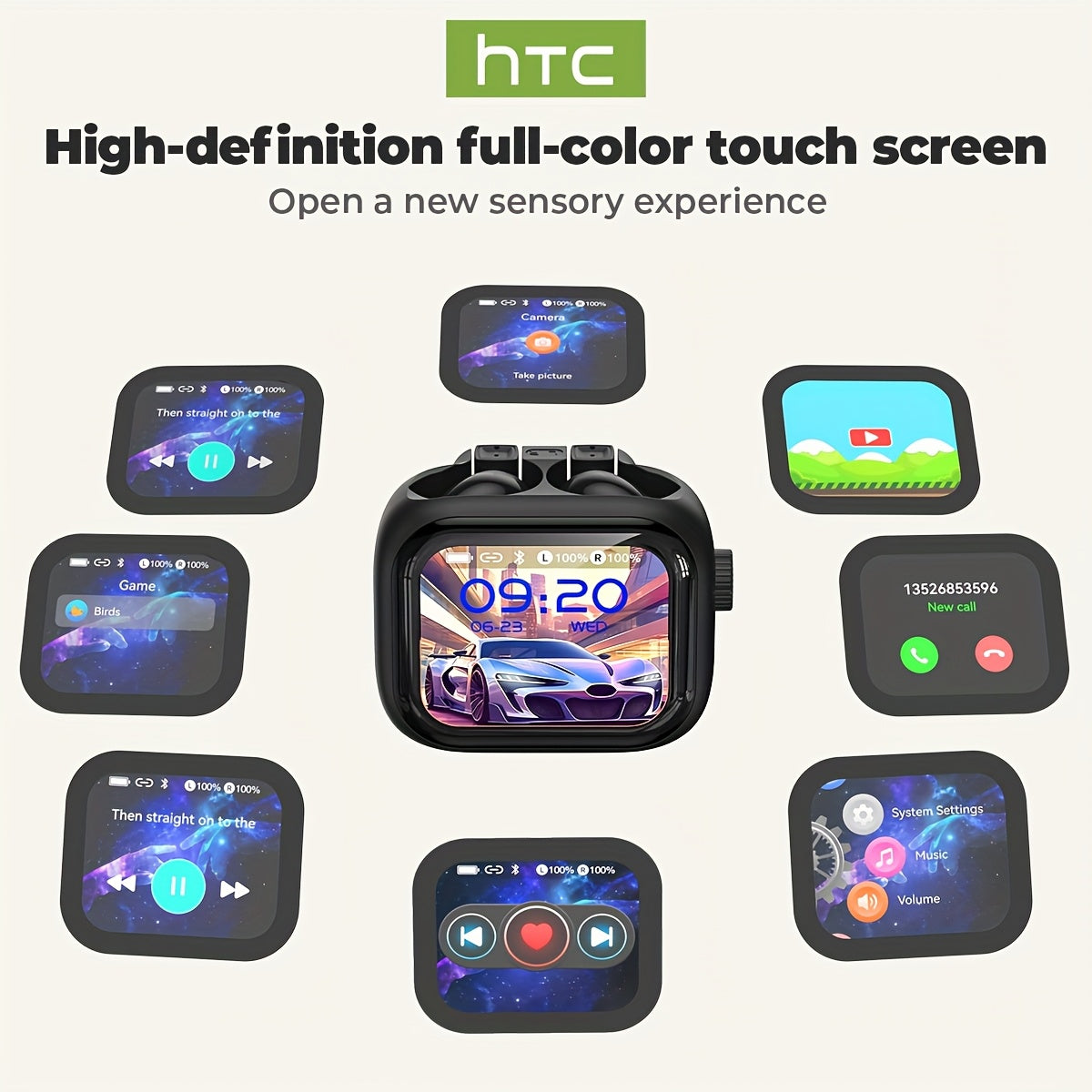 HTC NE40 Rotary Screen TWS Translator Buds Wireless 6.0 134-Language Face-to-Face Simultaneous Interpretation 48h Total Battery & 10-min Fast Charge LED Full-Color Touch Dial HiFi Audio-Travel-Call Ready Black And Grey