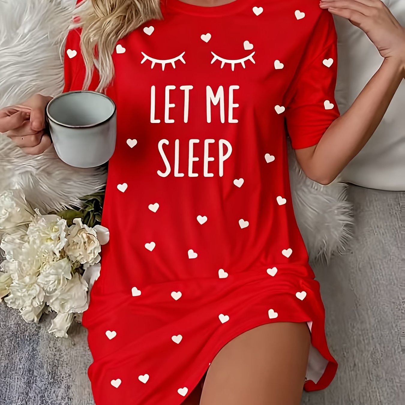 Women's Red Pajama Dress with "LET ME SLEEP" Slogan & Heart Cutouts - Short Sleeve Round Neck Sleepwear Nightgown, Machine Washable All-Season Nightdress for Bed, Lounge & ( Sleepwear)