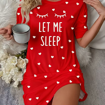 Women's Red Pajama Dress with "LET ME SLEEP" Slogan & Heart Cutouts - Short Sleeve Round Neck Sleepwear Nightgown, Machine Washable All-Season Nightdress for Bed, Lounge & ( Sleepwear)