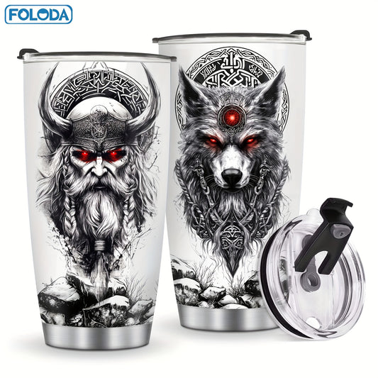 Foloda 20oz Viking Wolf Tumbler with Lid - Insulated Stainless Steel Travel Mug, Norse Design Thermal Cup with Leakproof Lid & Straw Compatible, Double-Wall Vacuum Insulation for Hot/Cold Drinks, Viking Warrior & Wolf Howling