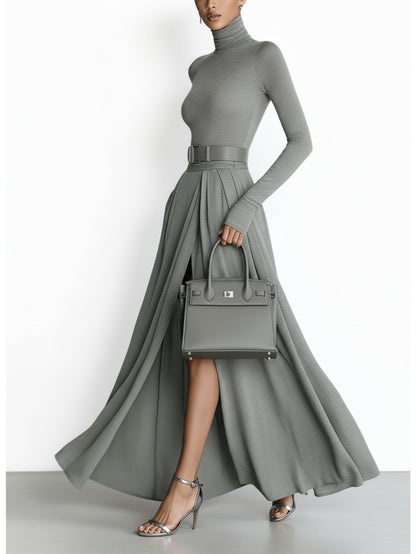 ' Gray Turtleneck Waist-Cinched Belt & Slit Maxi Dress - Elegant Fitted Workwear Dress Suitable for Daily Commute, Office, Weddings, Parties - Solid Color Winter Dress