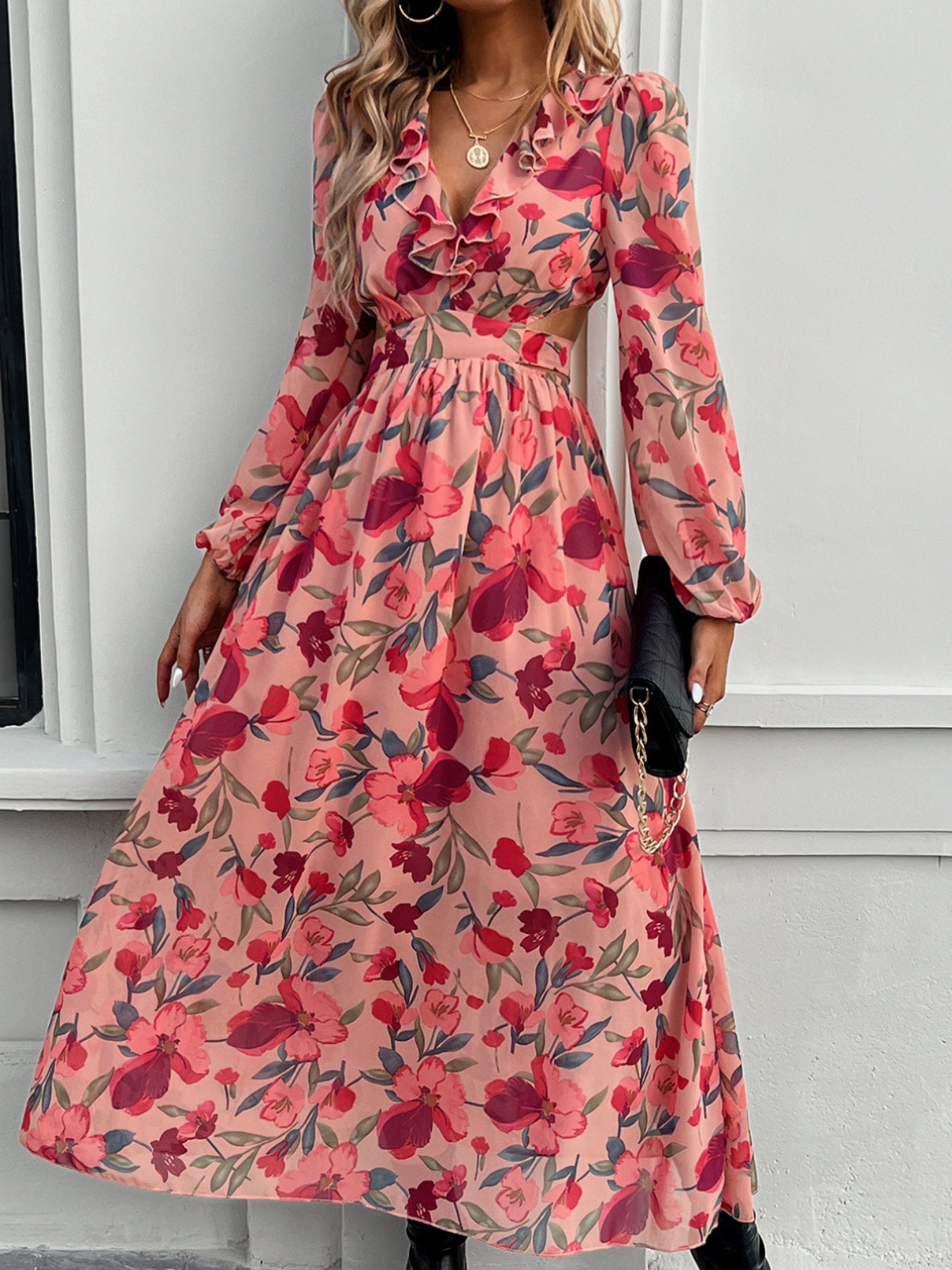Stylish Floral Dresses with V-Neck, Long-Sleeved& Waist-Cinching Design for A Comfortable Look- Holiday& Casual Outfit for Women