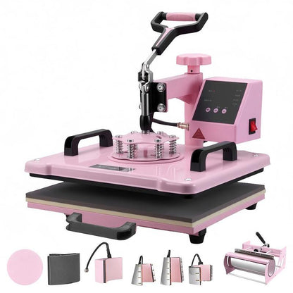 Heat Press Machine, 12 X 15 Inch, 8in 1 Heat Transfer Machine with 6-30oz Tumbler Press, 360° Swing Away T-Shirt Pressing, Digital Precise Control, for T-Shirts/Mugs/Hats/Plates, Pink