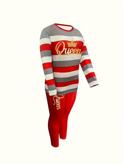 Women's Striped Long Sleeve Pants Set, Queen Letter Print, Pants with Pockets