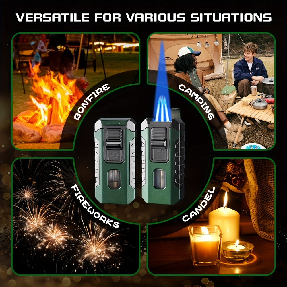 A Lighter That Resists Wind, Featuring a Triple Flame with Direct Injection, Made of Metal And Equipped with a Viewing Window. It'S a Refillable, Portable Lighter with an Adjustable Flame