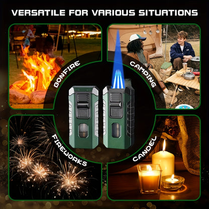 A Lighter That Resists Wind, Featuring a Triple Flame with Direct Injection, Made of Metal And Equipped with a Viewing Window. It'S a Refillable, Portable Lighter with an Adjustable Flame