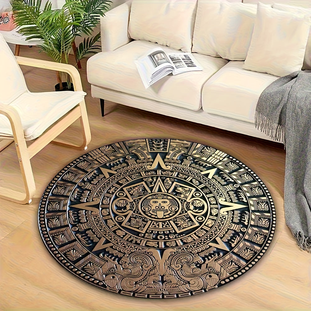 Mayan Tribal Round Area Mat - Large Black & Golden Ancient Mayan Calendar Design - Machine Washable Non-Slip Mat for Living Room, Bedroom, Game Room - Durable Floor Mat with Cultural Home Decor - Extra Large Rugs for Living R