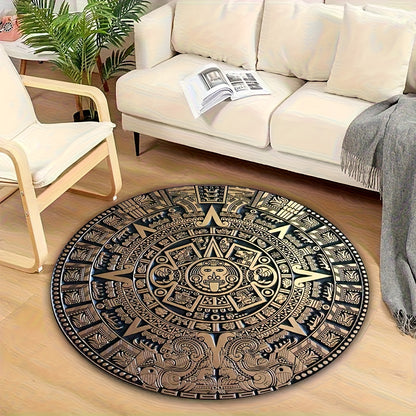 Mayan Tribal Round Area Mat - Large Black & Golden Ancient Mayan Calendar Design - Machine Washable Non-Slip Mat for Living Room, Bedroom, Game Room - Durable Floor Mat with Cultural Home Decor - Extra Large Rugs for Living R