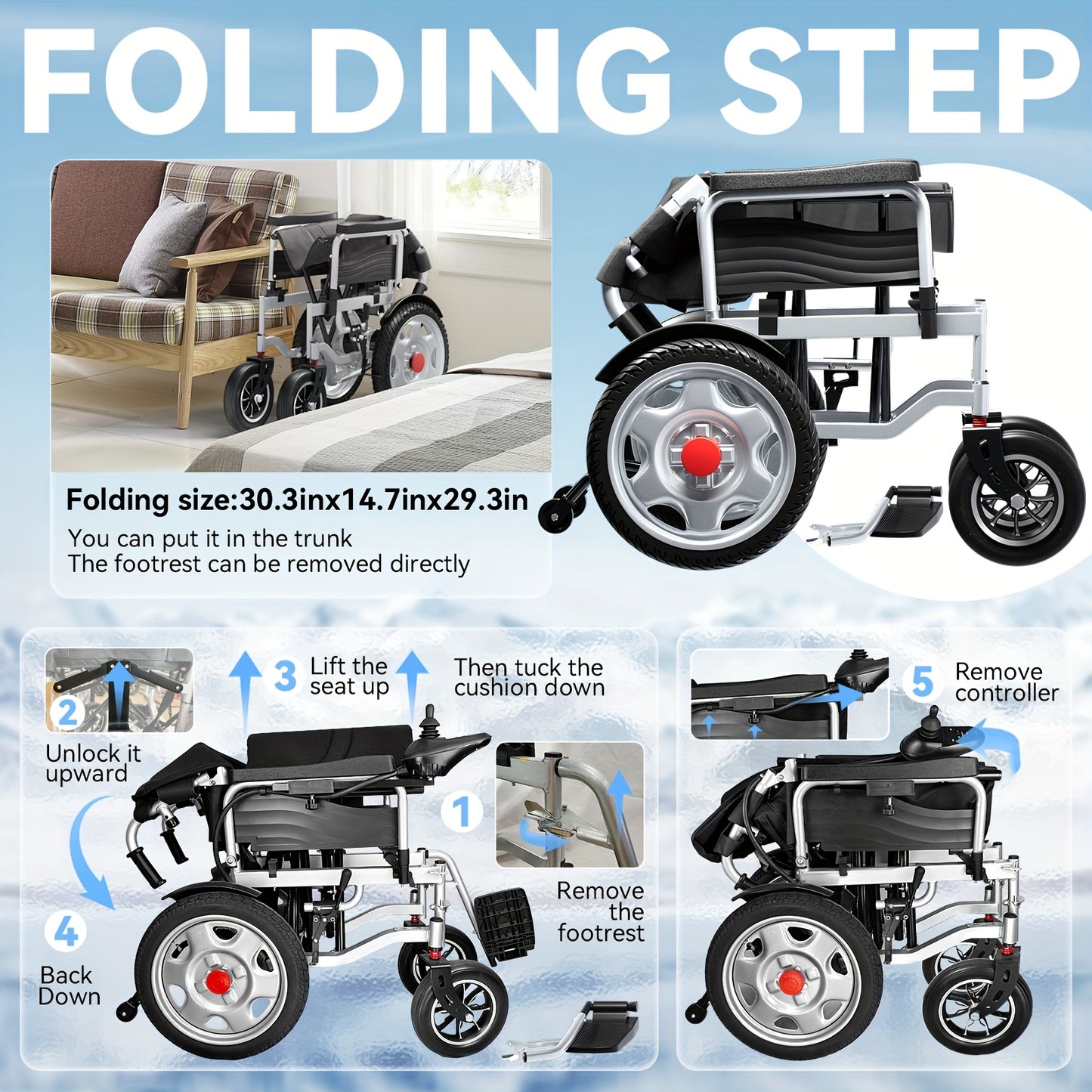 Foldable Electric Wheelchair Exclusively For Elderly -70-Pound Design For Effortless Carrying, Ideal For Seniors. Equipped With Electromagnetic Brakes For Secure Slope Stops And 15-Km Long-Range Battery For Extended Outings.