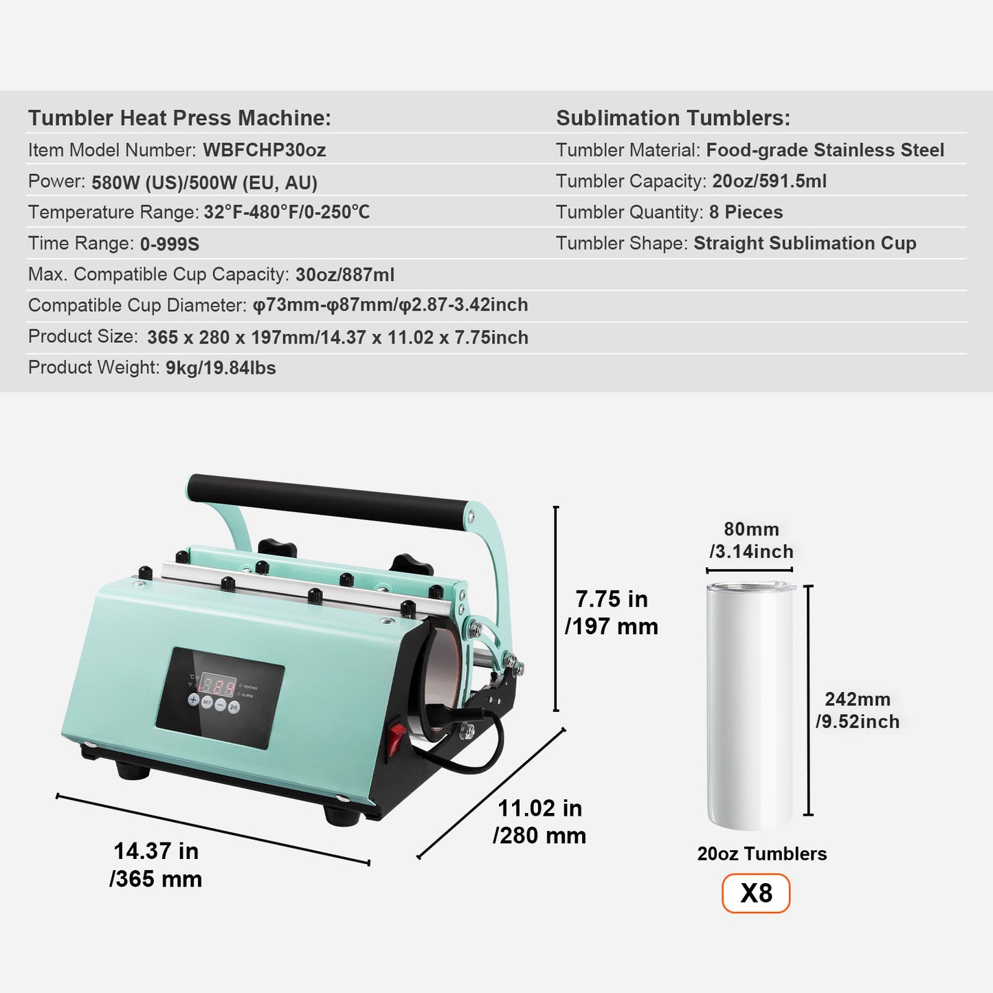 VEVOR Tumbler Heat Press Machine and Sublimation Tumblers, Tumbler Press Set with 8pcs 20OZ Blank Tumblers, Mug Press Cup Press for 11-30oz Tumblers Mug, with Heat Transfer Paper, Gloves, Tape