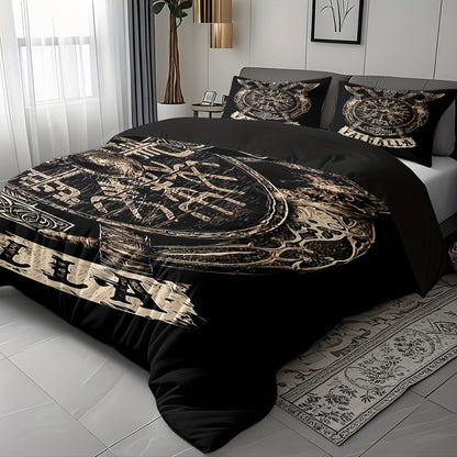 Norse Rune Theme Duvet Cover Set, Soft High-Definition Digital Print, Black And Brown, All-Season, Perfect Gift, Soft Breathable 100% Polyester, Machine Washable, Includes 1 Duvet Cover And 2 Pillowcases, Ideal For Family And
