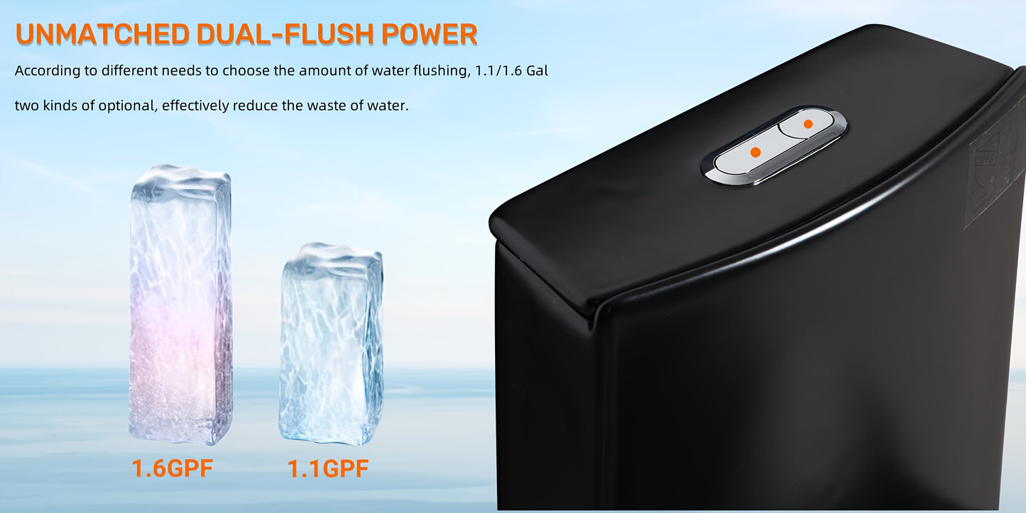 1.1/1.60 GPF Dual-Flush Toilet, Water-Saving Elongated Comfort Height Floor Mounted, Soft Close Seat, 2.2 LB Map Flushing Score Toilet, Matte Black
