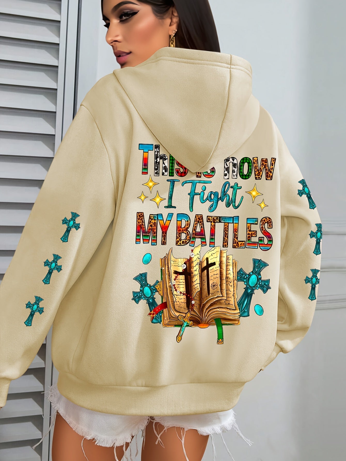 Women's Christian Bible Verse Hooded Sweatshirt "This Is How I Fight My Battles" with Cross & Prayer Hands Print - Winter Warm Hoodie, Long Sleeve Religious Apparel for Church, Prayer Meeting & Christmas (Gray) - Casual Faith