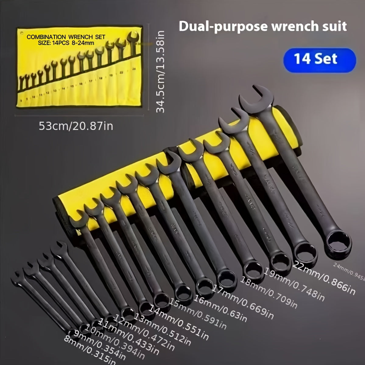 14pcs Industrial-Grade Dual-Purpose Combination Wrench Set - Ultra-Thin 3mm Thick, Manganese Steel, Interchangeable Box-End & Open-End, Durable & Wear-Resistant, Ideal for Home Decor, Outdoor Maintenance, and Electric Vehicle