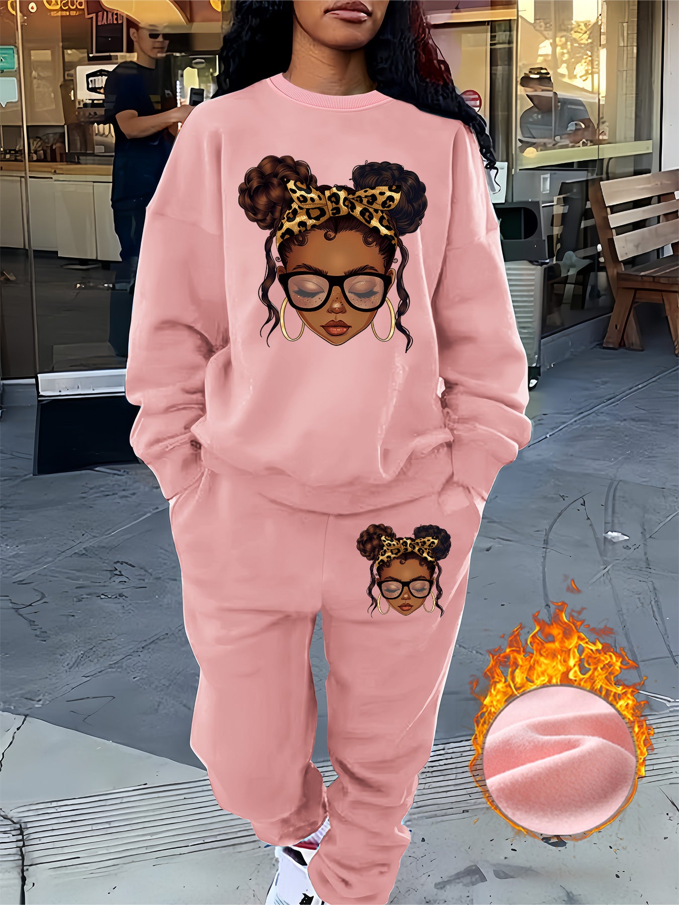 Graphic Print Two Piece Set, Crew Neck Sweatshirt & Pants, Women's Clothing, Fall Clothes For Women, Sweat Suits Women Two Piece