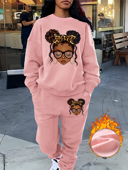 Graphic Print Two Piece Set, Crew Neck Sweatshirt & Pants, Women's Clothing, Fall Clothes For Women, Sweat Suits Women Two Piece