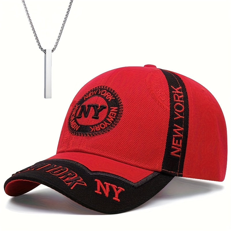 2pcs One Hat Plus One Necklace Men's Outdoor Full-Print Tactical Camouflage NY Pattern Baseball Cap and Faith Bar Pendant, Suitable for Climbing, Cycling Accessories, Christmas Party