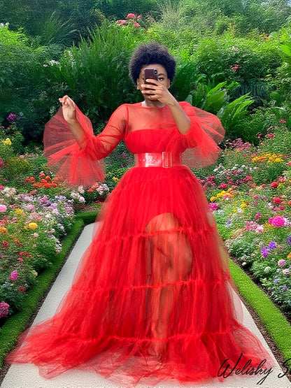 Women' Sexy Lace Off-Shoulder See-Through Maxi Dress - Neck -Line Party Gown with Long Pleated Train Suitable for Club, Prom, Wedding Dresses