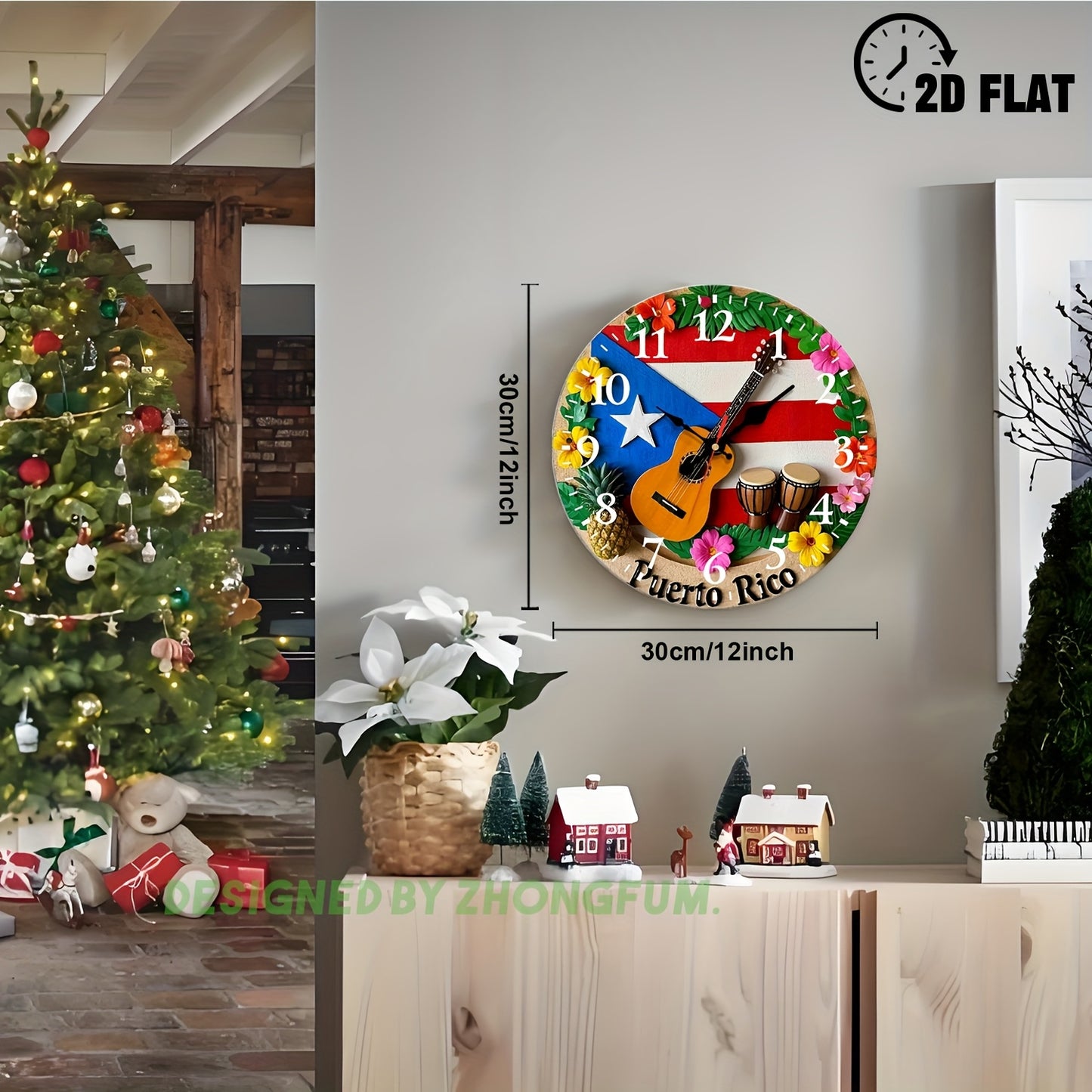 Wall Clock Decoration, Guitar, Drums, Pineapple, Flowers 2D FLAT Pattern Wood Silent Non-Ticking Bedroom Clock, Nursery Wall Clock for Schools, Homes, Christmas Holiday Decoration, Clear Visibility Timepiece 10Inch/12Inch, 2D