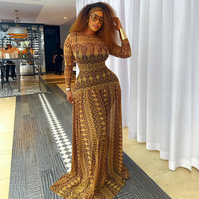 Women'S Elegant Long Sleeve Maxi Dress with Ruched Waist & Geometric Print - Loose Fit Bodycon Silhouette, Round Neck Long Dress in Brown - Comfortable Formal & Semi-Formal Outfits for Fall/Winter, Casual to Formal Events - V