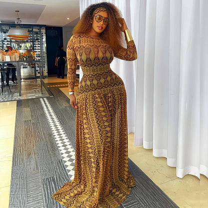 Women'S Elegant Long Sleeve Maxi Dress with Ruched Waist & Geometric Print - Loose Fit Bodycon Silhouette, Round Neck Long Dress in Brown - Comfortable Formal & Semi-Formal Outfits for Fall/Winter, Casual to Formal Events - V