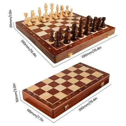 38.1cm X 38.1cm/15" X 15" Chess Solid Wood Large Premium Folding Set, Chess Pieces Solid Wood, Checkerboard Walnut, Internal Storage Box