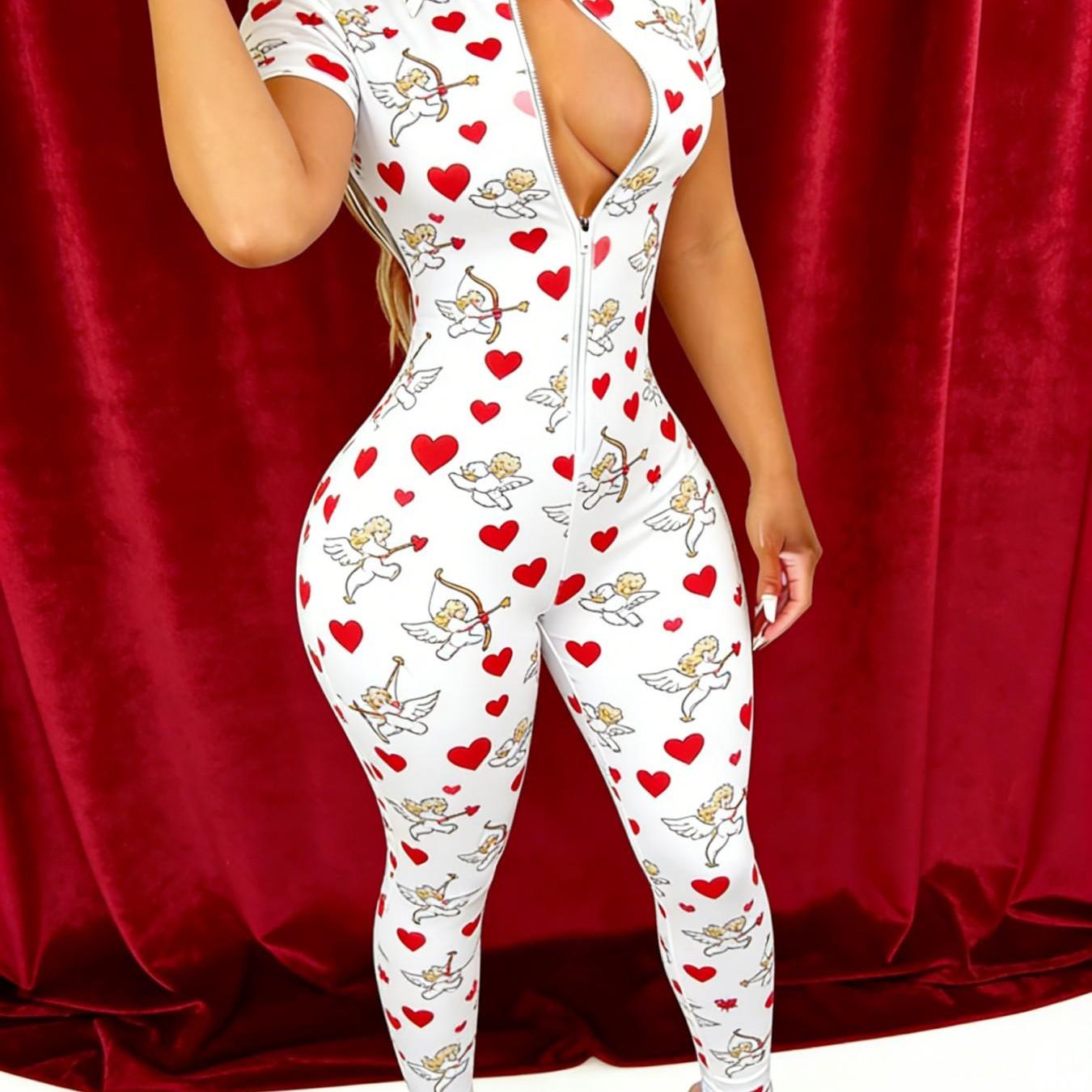 Modern Romantic Valentines Day Bodysuit Short Sleeve Stretchy Fit 2D Print Trendy Street Style Jumpsuit for Women