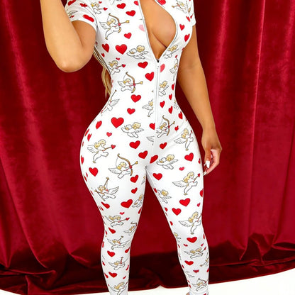 Modern Romantic Valentines Day Bodysuit Short Sleeve Stretchy Fit 2D Print Trendy Street Style Jumpsuit for Women