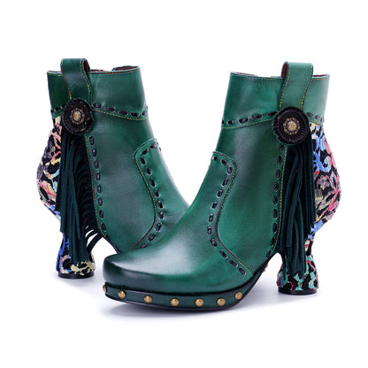 Women'S Vintage Western Boots - Hand-Rubbed Fringe Ankle Boots with Retro Leopard Print & Stitching Detail, Round Toe, Zipper Closure, Chunky Heel, PU Cover Upper, Rubber Sole - Western Cowboy Boot Style for Themed Events, Ca