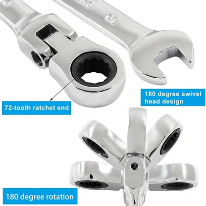 8pcs Ratchet Wrench Set | 72 Teeth 180° Flexible Head | CR-V Chrome Vanadium Steel Rust-Resistant and Durable | Includes Drawstring Bag for Storage | Suitable for Automotive/Home DIY Repair