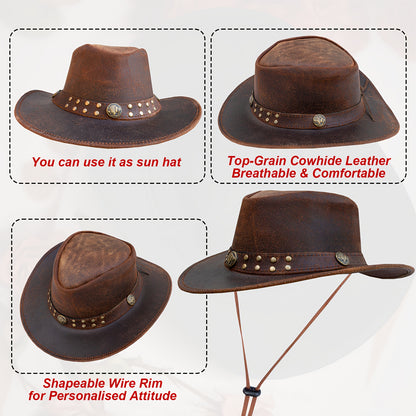 1pc SideWinder Australian Cowboy Leather Hat Unisex Adult For Men And Women Shapeable Outback Western Style Wide Brim, Lightweight Top-Grain Leather, High Quality &, Adjustable Chin Cord, Festival Accessory, Unisex Outdoor He