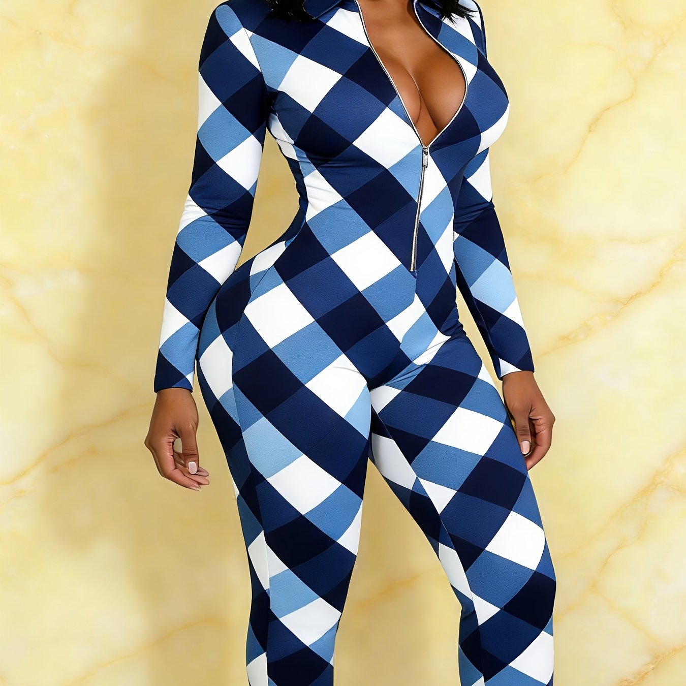 Ladies' Four-season Long-sleeved Sexy Jumpsuit, Front Zipper Design, Light Style, Fashionable Full-print, Perfect for Daily Outings and Casual Wear, Fashionable and Sexy Outfit -G077