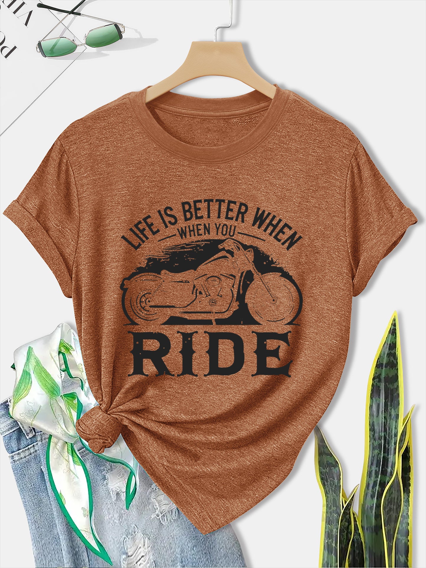 Women'S Motorcycle Graphic Long Sleeve T-Shirt - Turquoise Riding Slogan Print, Loose Fit Casual Top with Round Neck, All-Season Comfort for Motorcycle Enthusiasts, Outdoor Riding & Casual Attire, Breathable & Durable Apparel