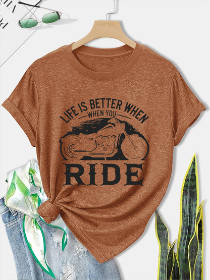 Women'S Motorcycle Graphic Long Sleeve T-Shirt - Turquoise Riding Slogan Print, Loose Fit Casual Top with Round Neck, All-Season Comfort for Motorcycle Enthusiasts, Outdoor Riding & Casual Attire, Breathable & Durable Apparel