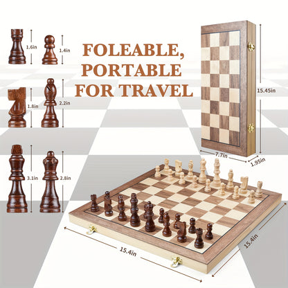 15 Inches Magnetic Chess Set for Adult, Wooden Folding Chess Board Game ForTournament with HandmadePieces Including 2 Extra Queen Professional Beginner Ideal Birthday&Christmas Gift for Friends Family